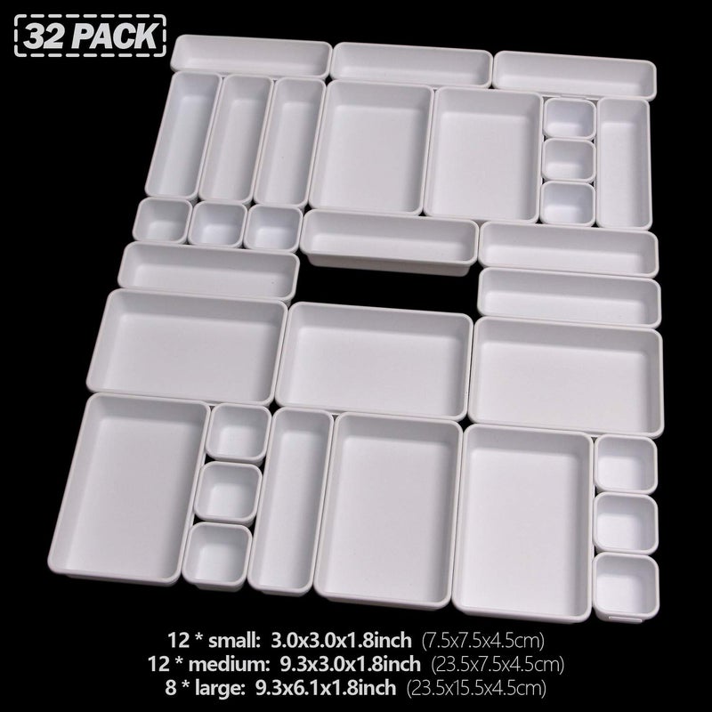 TENABORT Set of 32 Interlocking Desk Drawer Organizer Tray Dividers Plastic Shallow Narrow Drawers Organizers Separators Storage Bins Container for Kitchen Bathroom Makeup Office Vanity Bedroom Dresser White - Image 2